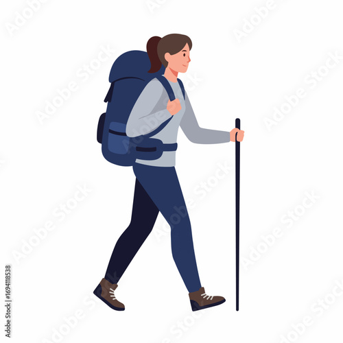 Confident woman hiking with backpack and trekking pole for adventure and travel