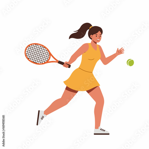 Dynamic young woman in yellow dress plays tennis with focus and energy on court