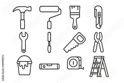 Home improvement tools icon set. Line art symbols for renovation, repair, construction, painting, and DIY. Vector essentials: hammer, saw, roller, brush, wrench, ladder.