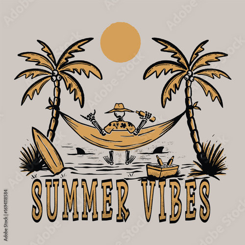Skeleton lying in a hammock with a bottle of beer. For t-shirts, stickers and other similar products.skull relaxing in a hammock on the beach