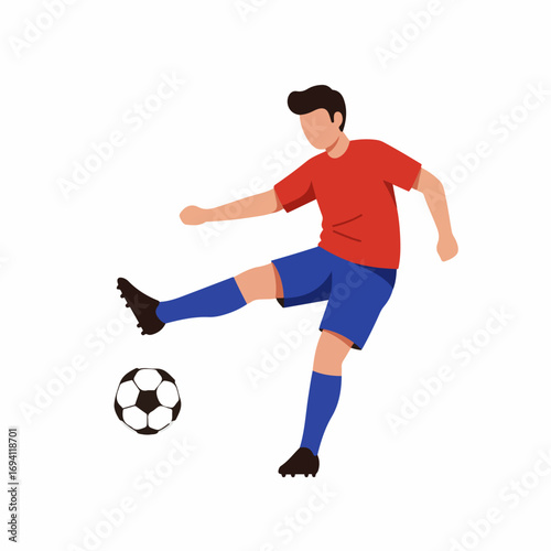 Dynamic soccer player kicking ball with powerful motion and athletic stance