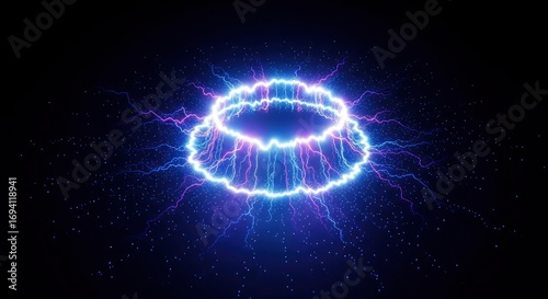 Vibrant glowing ring with electrical arcs and scattered luminous specks on a dark backdrop