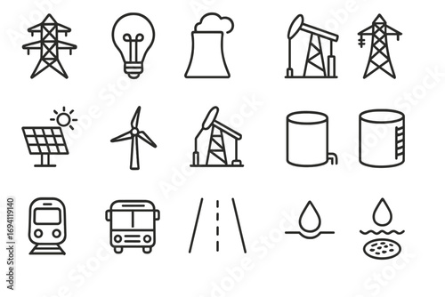 Infrastructure and utility line icon set. Energy, transportation, power generation concepts. Renewable energy, fossil fuels, public transport and water vector icons.