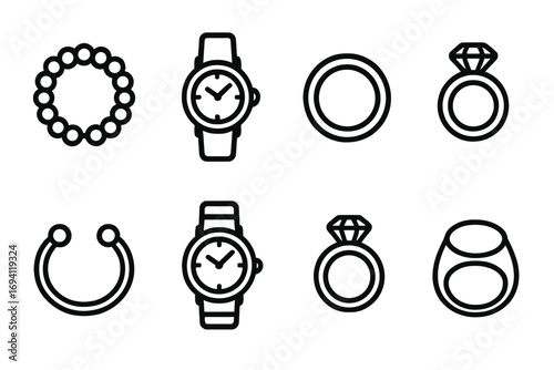 Jewelry and accessories line icon set. Bracelets, watches, and rings outline collection. Vector fashion symbols for web and app design. Jewellery pictogram pack.