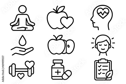 Health and wellness outline icon set. Yoga, nutrition, mindfulness graphics. Vector collection for healthy lifestyle, mental health, fitness, self-care, meditation and diet plan.