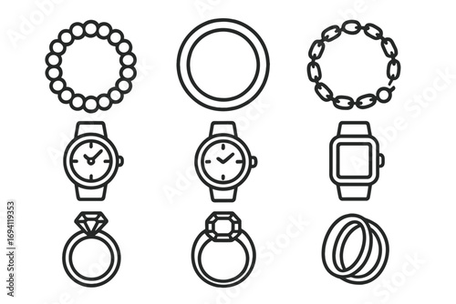 Jewelry and accessories line icon set. Outline collection of bracelets, watches, and rings. Vector icons for fashion, wedding, and engagement. Diamond ring, smartwatch design.