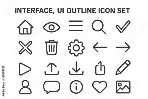 Interface line icon set. UI UX outline symbols for web and mobile app design. User interaction and navigation elements. Home, search, settings, user, and media buttons vector.