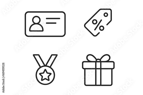 Loyalty program outline icon set. Membership card, discount tag, reward medal, and gift box symbols. Customer retention and bonus program vector line art collection.