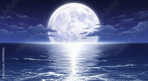 Photo of a large, luminous full moon shines brightly over a calm ocean at night, casting a shimmering reflection on the waters surface