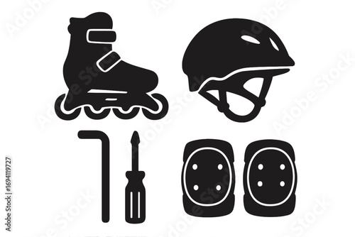 Inline skating gear icon set. Rollerblading equipment silhouette collection. Vector illustration of skate boot, helmet, protective pads, and repair tools for safety and sport.