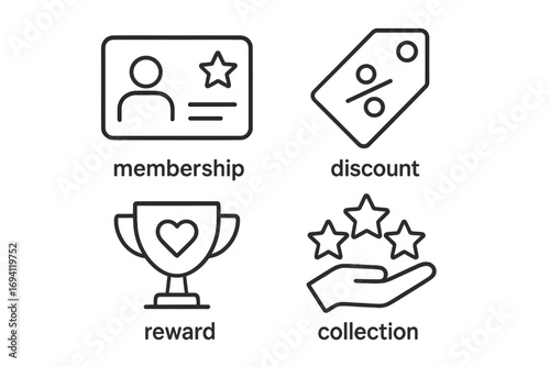 Loyalty program outline icon set. Membership, discount, reward, and bonus point collection symbols. Vector graphics for customer retention, marketing, and client rewards.