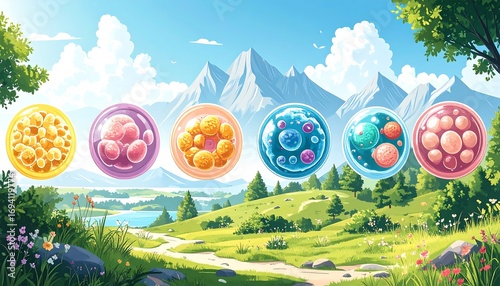 Colorful cells in petri dishes, idyllic landscape