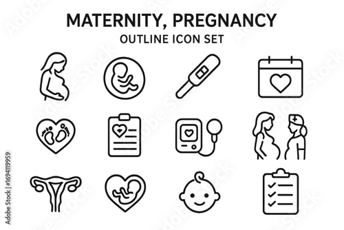 Maternity pregnancy outline icon set. Healthcare baby planning icons. Medical gynecology concept. Vector symbols of fetus, ultrasound, pregnant woman, newborn, and uterus.