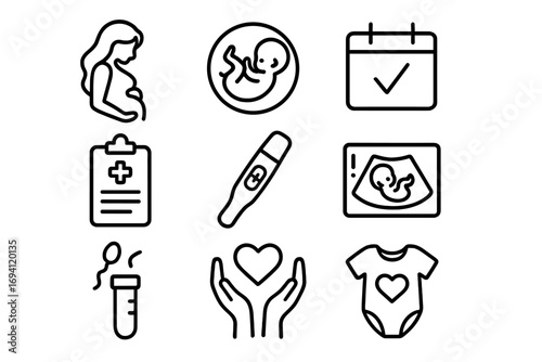 Pregnancy and maternity line icon set. Gynecology, obstetrics, and motherhood symbols. Fetal development, ultrasound, ivf fertilization and pregnancy test icons. Vector.