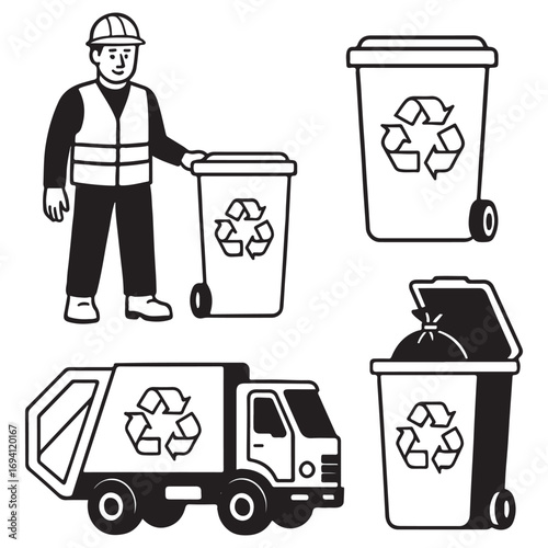 Trash utility, disposal and recycling concept set Vector