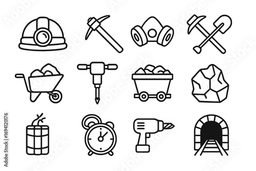 Mining tools outline icon set. Mine industry equipment collection with helmet, pickaxe, dynamite, cart, and tunnel symbols. Vector line art for excavation or safety concepts.