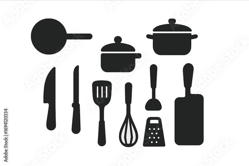 Kitchen tools icon set. Minimalist cooking utensil silhouette collection. Vector graphic for food blog, recipe book. Pan, pot, knife, spatula, whisk, grater pictograms.