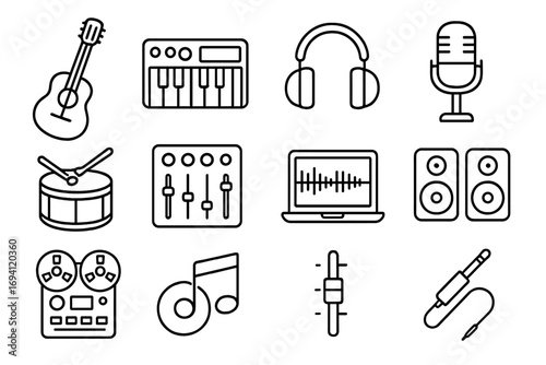 Music production icon set. Recording studio line icons. Sound engineering tools. Vector collection of outline symbols like guitar, synth, microphone, mixer, and headphones.