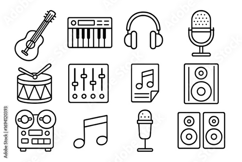 Music production line icon set. Audio recording instruments and studio equipment. Vector illustration collection for sound engineering and musician concepts. Minimal outline design.