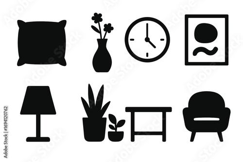 Home decor icon set. Minimalist furniture silhouettes for interior design. Vector glyph collection of household items: pillow, vase, clock, wall art, lamp, plant, chair.