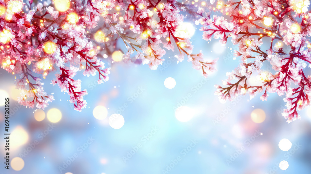 Obraz premium Delicate pink and white cherry blossoms adorned with shimmering golden bokeh lights, elegantly framing serene and ethereal light blue spring sky.