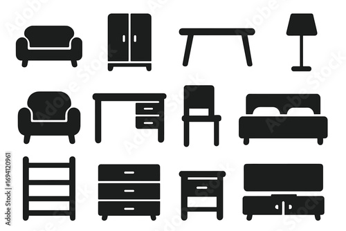 Home furniture icon set in simple black silhouette style. Minimalist collection of interior design elements. Vector flat illustration of house furnishings like chair, table, bed, sofa.