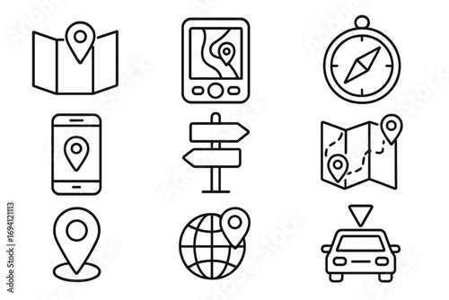 Navigation and travel outline icon set. GPS, map, and location symbols collection. Line art for direction, route, destination, and tourism. Vector pack for web, app, and print.