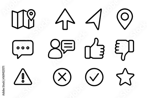 Navigation and feedback icon set. UI UX outline icons for web and mobile apps. Vector symbols for map, location pin, cursor, chat, like, dislike, warning, and approval.