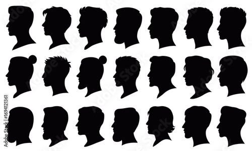 Human head silhouettes set, male side profile cameo silhouette collection