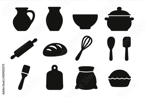 Baking and cooking tools silhouette icon set. Kitchen utensils and pottery vector collection. Minimalist graphic symbols for food blog, recipe or menu. Bakery pictogram.