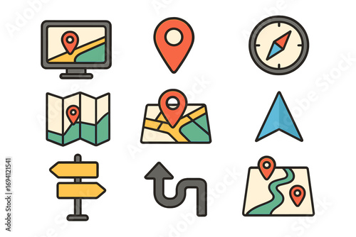 Navigation and map flat icon set. GPS, location, and compass icons. Direction, route, and destination pointer collection. Vector cartoon illustration for travel & tourism.