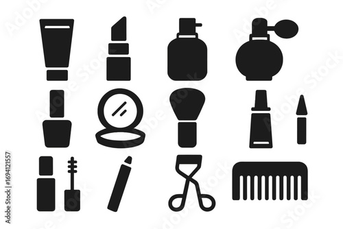 Black silhouette cosmetic and makeup icon set. Vector collection of beauty products. Minimalist glamour symbols: lipstick, mascara, perfume, powder, nail polish, brush. Isolated.