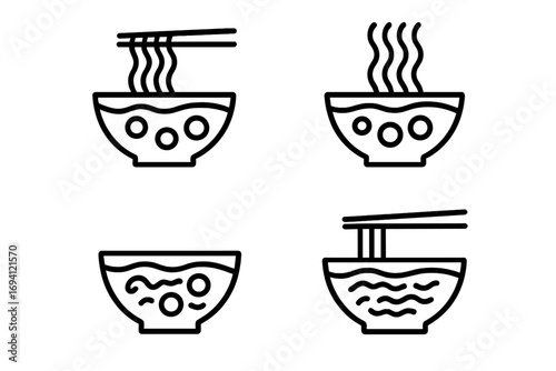 Noodle soup outline icon set. Asian food collection. Ramen, pho, udon bowl with chopsticks. Hot meal symbol. Simple line art vector illustration for restaurant menu.