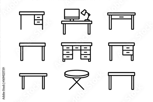 Office furniture outline icon set. Desk, table, workspace line art symbols. Vector collection for business interior design. Workplace computer desk and home office icons.
