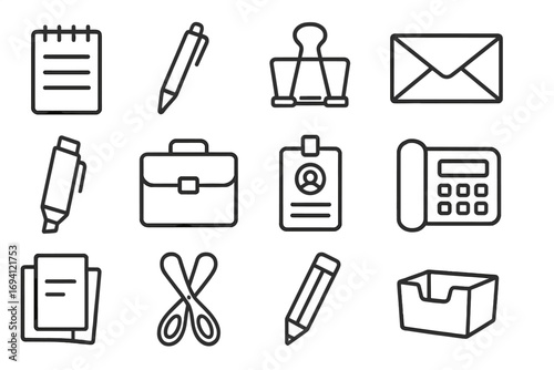 Office supplies and stationery line icon set. Business and communication pictograms. Vector collection of work tools like pen, pencil, paper, scissors, and briefcase.