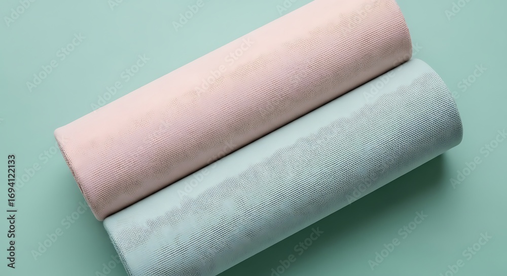 Fototapeta premium Pastel Pink and Teal Textured Rolls on a Soft Green Background