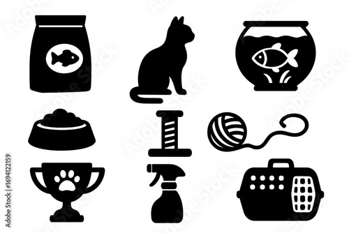 Pet supplies icon set. Cat and fish care items silhouette. Vector graphic of pet food, toy, carrier, bowl, scratching post, fishbowl, award trophy. Animal shop symbols.