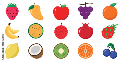 Fresh fruit icon set, juicy colorful fruits, organic healthy food flat vector design