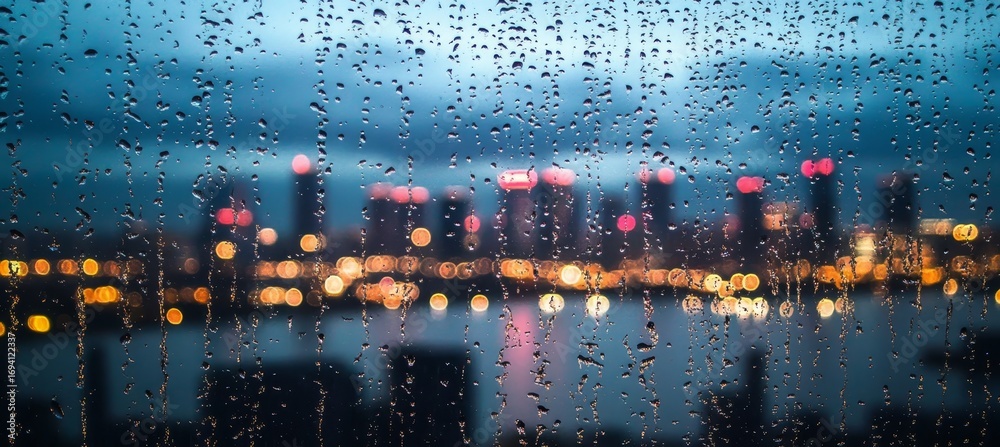 Naklejka premium A Dreamlike Cityscape at Night Blurred Lights Through a Rainy Window Creating a Magical Atmosphere