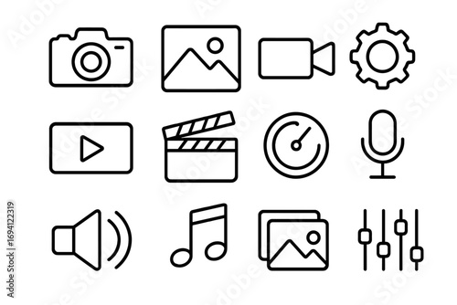 Multimedia linear icon set. Photo camera, video, music, and sound symbols. Thin line icons for UI, UX, web design. Photography, movie clapper, microphone pictogram collection.