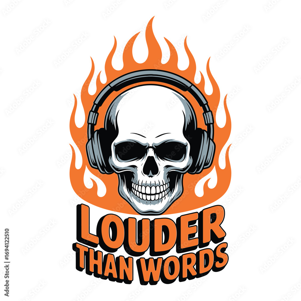 Fototapeta premium Fiery skull wearing headphones, 