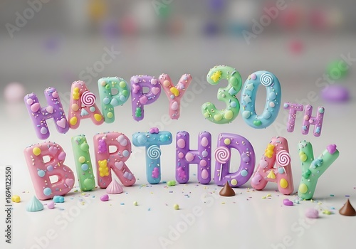 Colorful happy 30th birthday text with candies