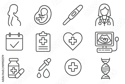 Pregnancy medical line icon set. Motherhood, healthcare, maternity linear icons. Vector illustration. Fetus, ultrasound, doctor, gynecology, obstetrics, test, medicine.