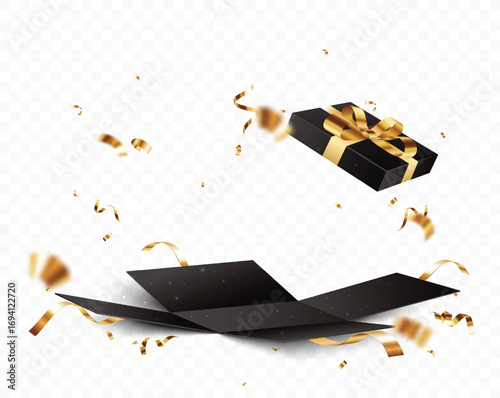 Elegant Opening Black gift boxes with golden confetti and ribbons