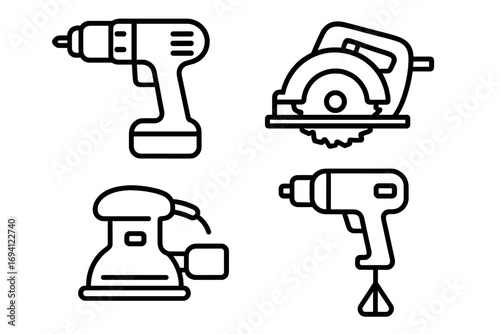 Power tools line icon set. Construction and repair equipment collection. Vector outline symbols of drill, circular saw, sander, and mixer for DIY projects or workshop theme.