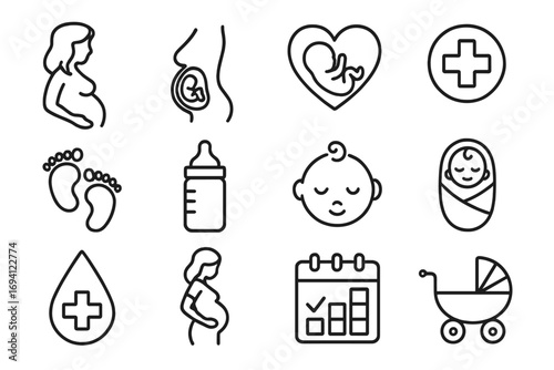 Pregnancy and maternity outline icon set. Baby care and newborn health symbols. Motherhood, childbirth, and gynecology line collection. Fetus, infant, and medical icons vector.