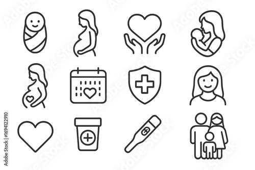 Pregnancy and maternity line icon set. Concepts of family, baby care, newborn health and love. Vector symbols of pregnant woman, test, due date calendar and medical protection.