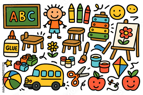 Preschool kindergarten doodle set. Back to school vector icons. Classroom supplies for children learning activities, art. Education cartoon concept illustration collection.