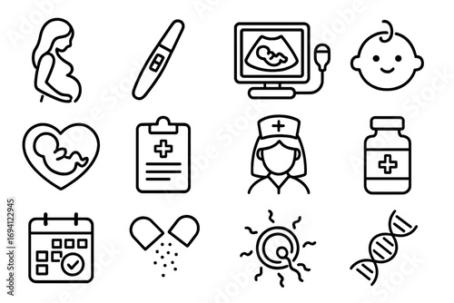 Pregnancy and maternity medical line icon set. Motherhood, healthcare, fertility concepts. Vector icons for obstetrics, gynecology, ultrasound, newborn baby care, and genetics.