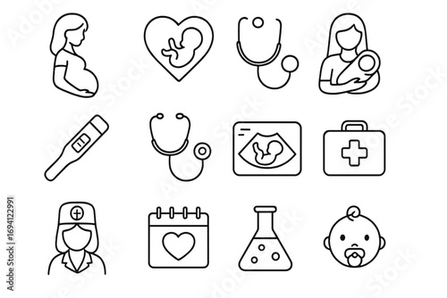 Pregnancy and maternity line icon set. Motherhood, baby care, gynecology and obstetrics medical icons. Pregnant woman, newborn, fetus, ultrasound, test. Vector illustration.